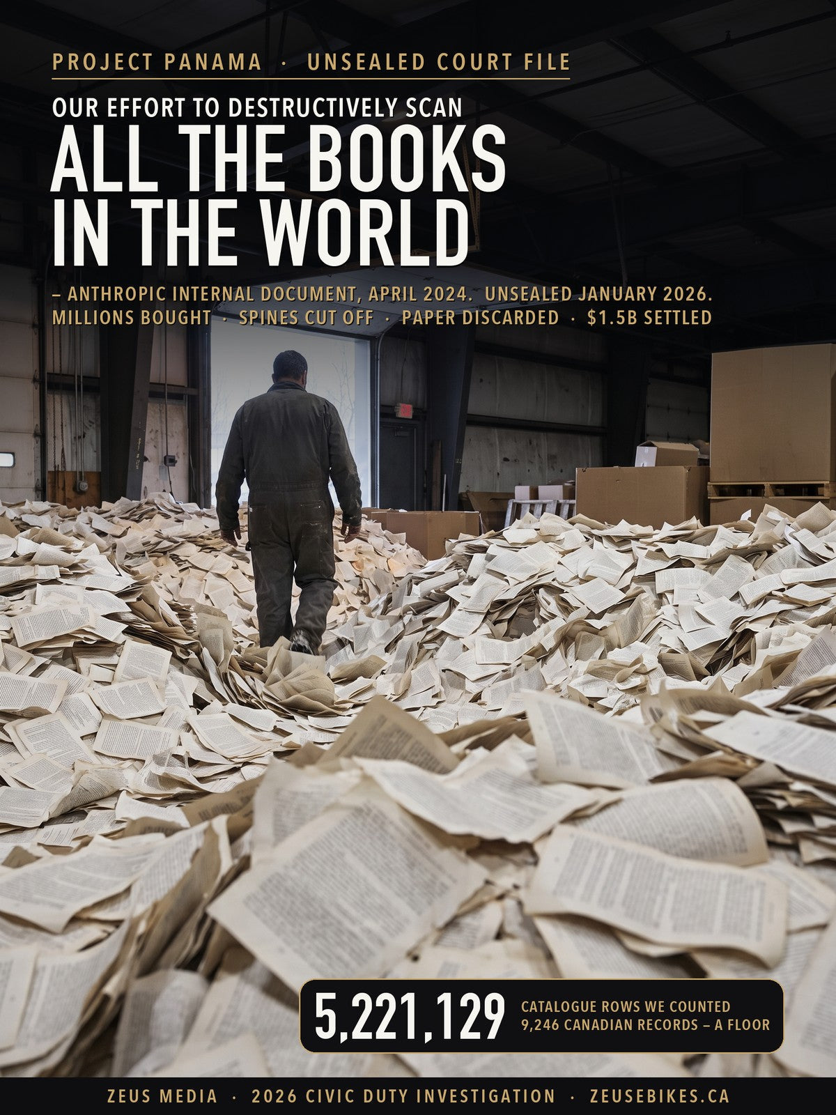 Magazine cover: a worker wading through a warehouse floor knee-deep in loose book pages toward a bright doorway; headline reads Our effort to destructively scan all the books in the world