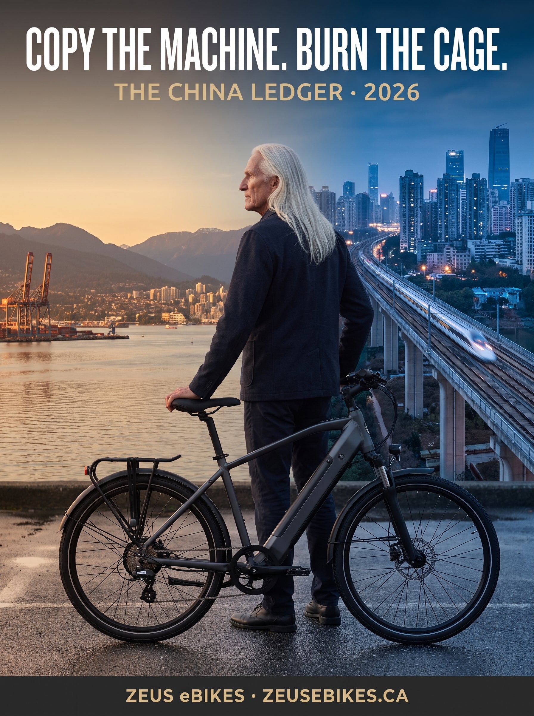 A rider on an e-bike between two walls of light — a Canadian city on one side, a Chinese megacity on the other — at dusk