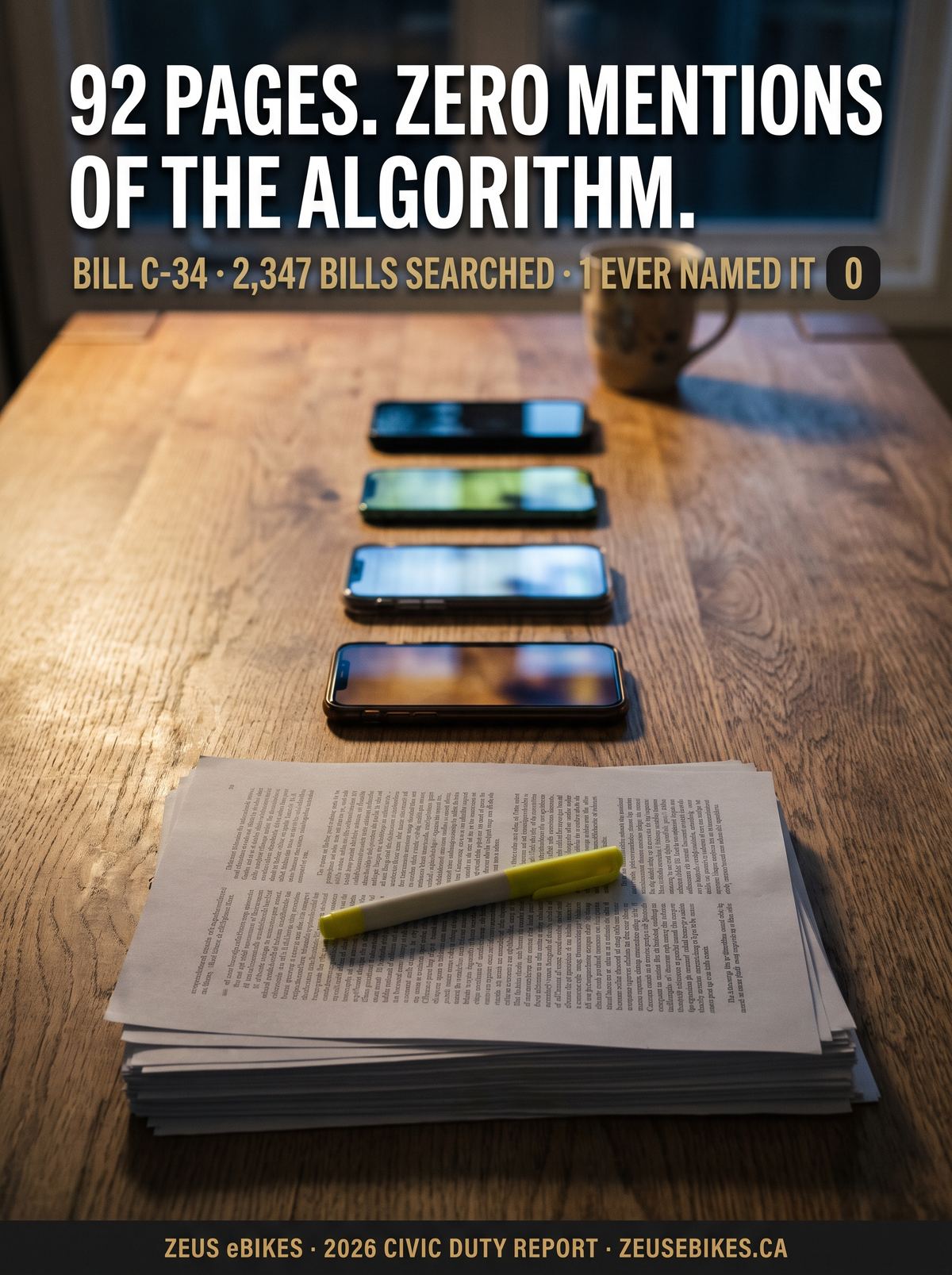 A thick stack of printed legislation and a highlighter on a worn kitchen table at night, with four phones beside it each glowing a different colour