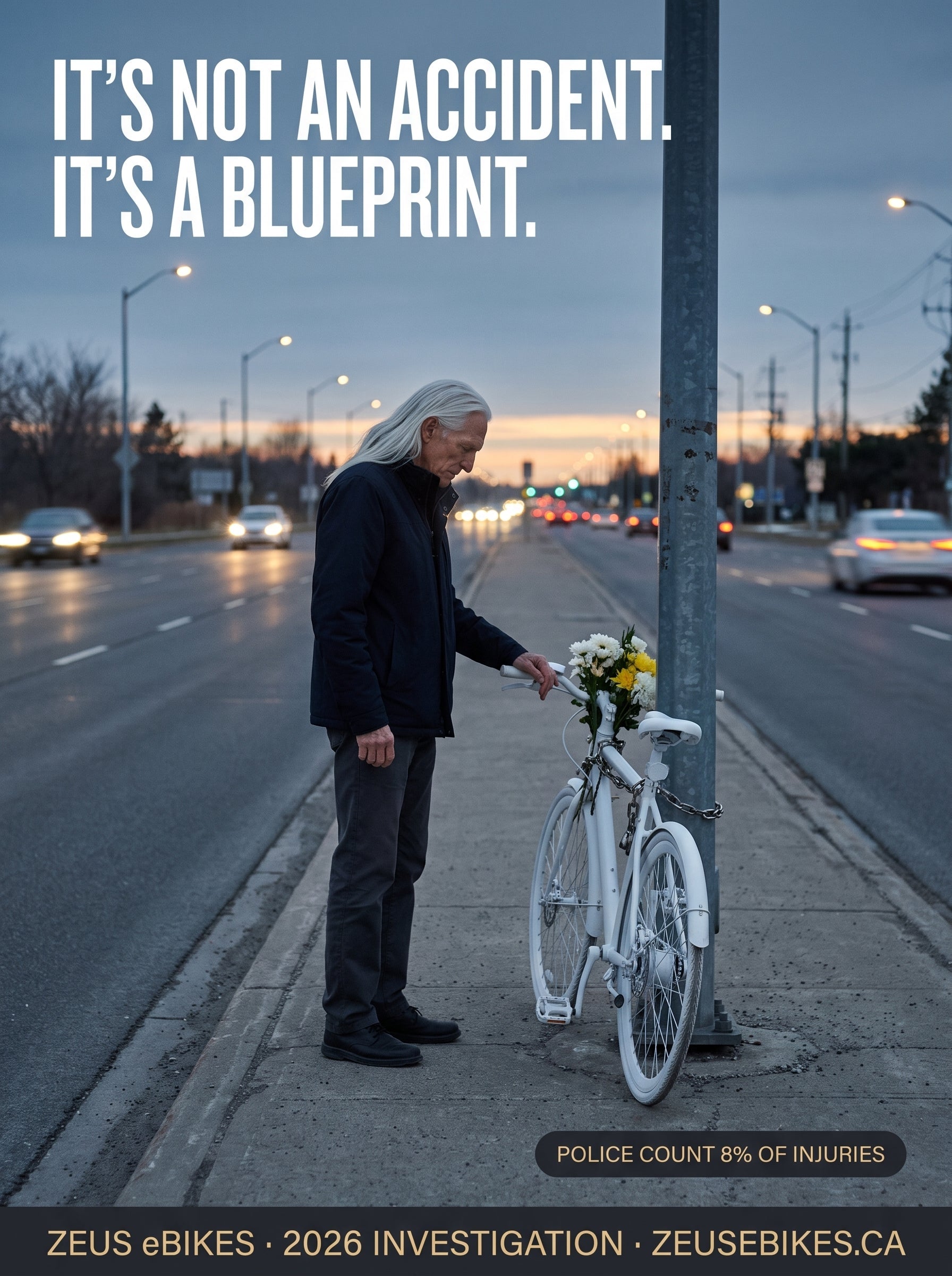 A person stands in quiet mourning beside a white ghost-bike memorial chained to a pole on a fast Canadian arterial road at dusk