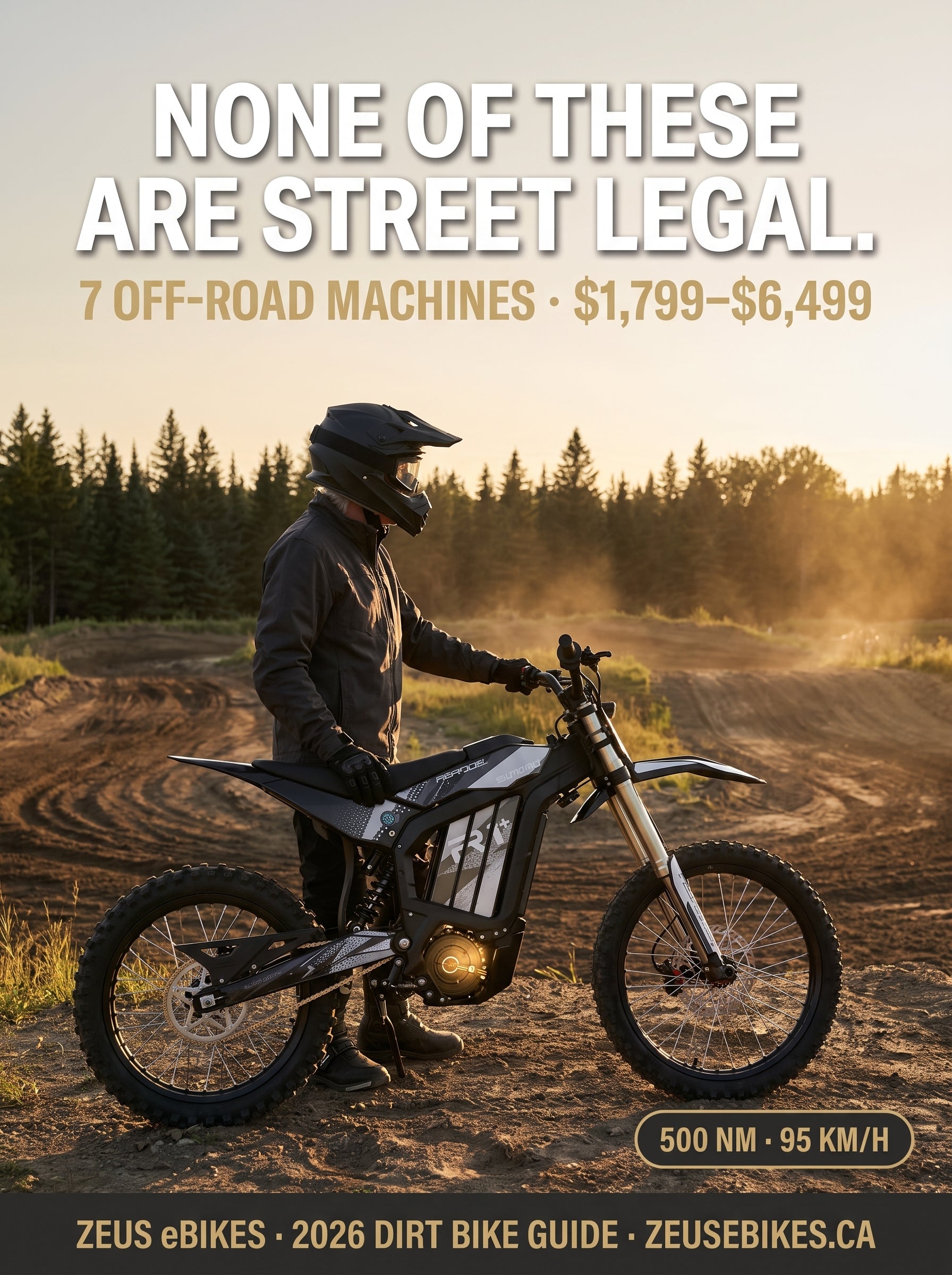 None of These Are Street Legal — rider in full motocross gear beside an electric dirt bike on a private track at golden hour, Zeus eBikes 2026 dirt bike guide