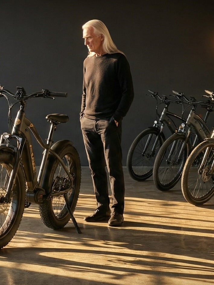 Zeus eBikes actor standing among electric bikes in a warehouse showroom — best eBike deals Canada 2026