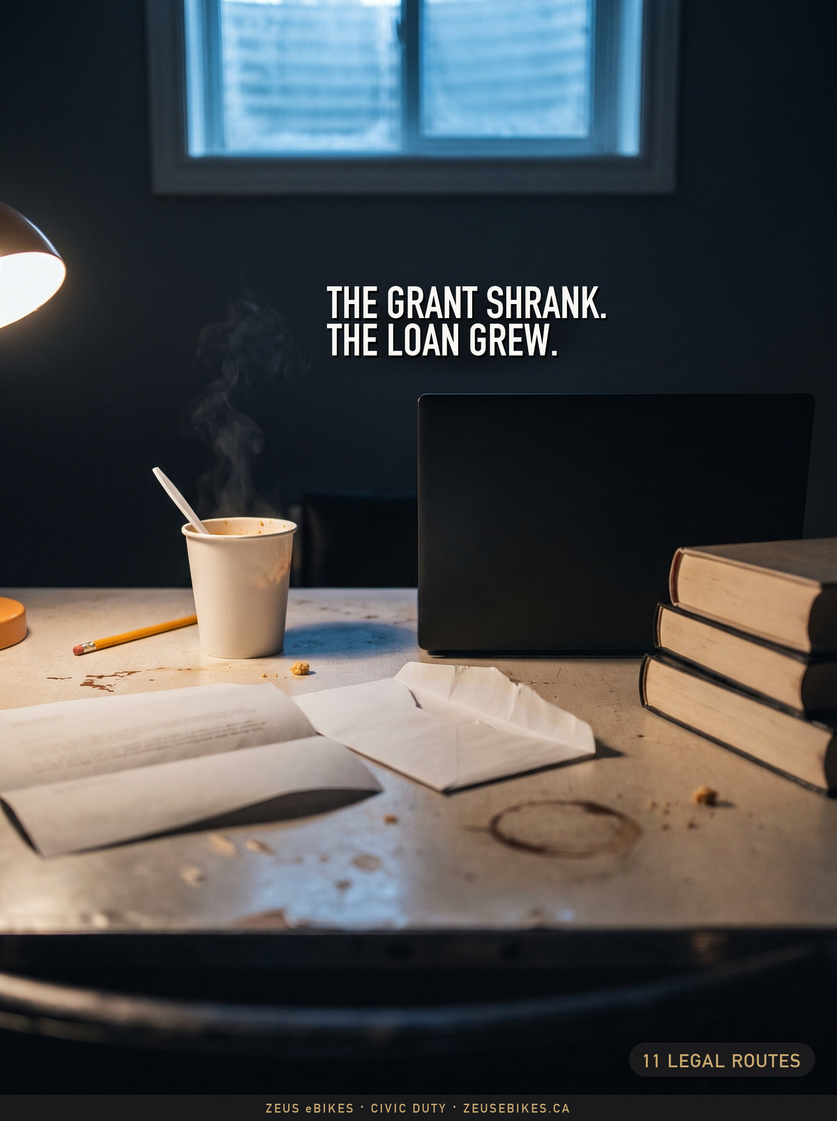 Playcut rendering of a student's kitchen table at night with a letter, instant noodles and textbooks, and the headline The grant shrank. The loan grew.
