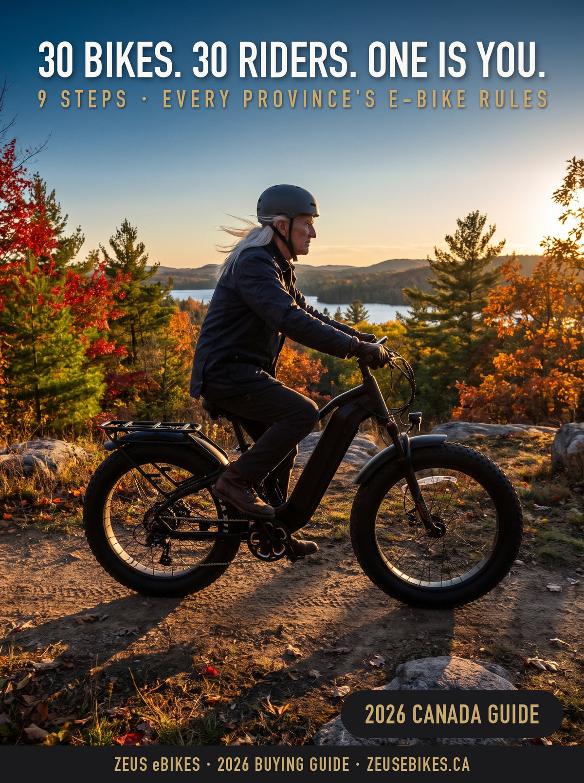 Zeus rides a matte-black Taubik Westridge 4T Off-Road along a private two-track on a granite ridge in Ontario's Haliburton Highlands in October, a Playcut.ai rendering made from Taubik's own photograph, with the guide's cover type