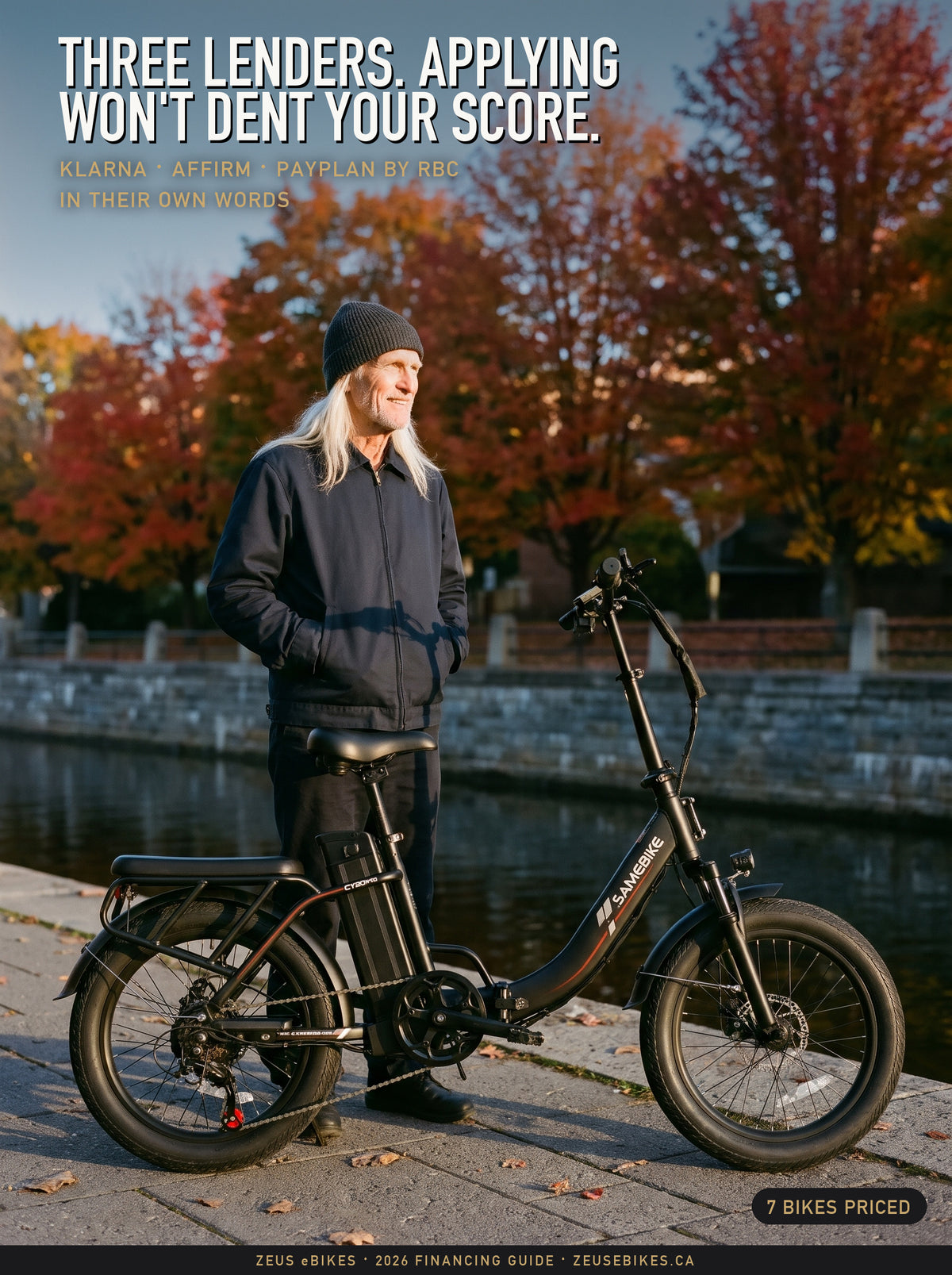 Playcut rendering of Zeus with a black Samebike CY20 Pro folding e-bike by the Rideau Canal in Ottawa, autumn trees behind