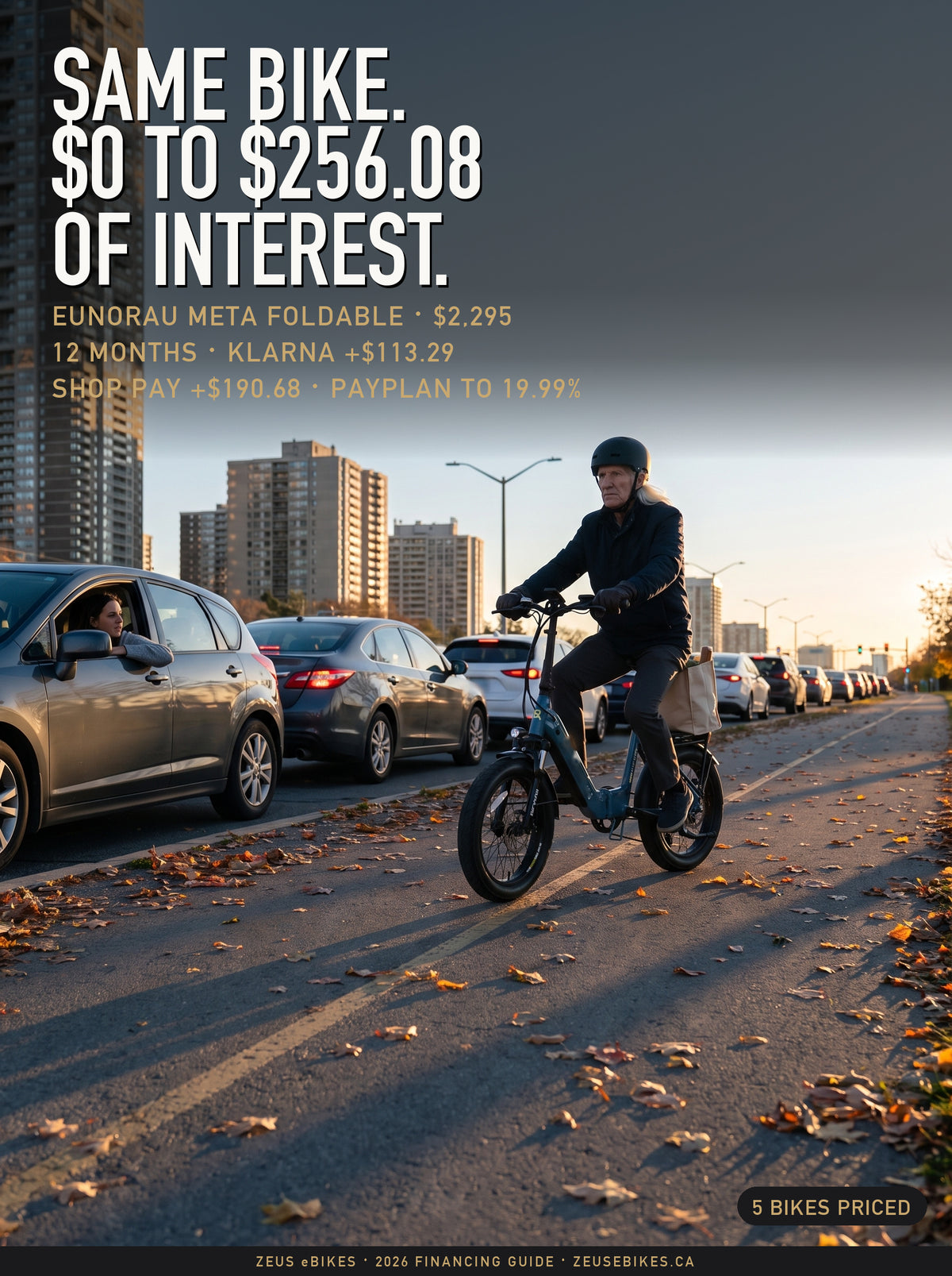 Playcut rendering of Zeus riding a Eunorau Meta Foldable e-bike past a queue of cars on a Toronto trail at sunset