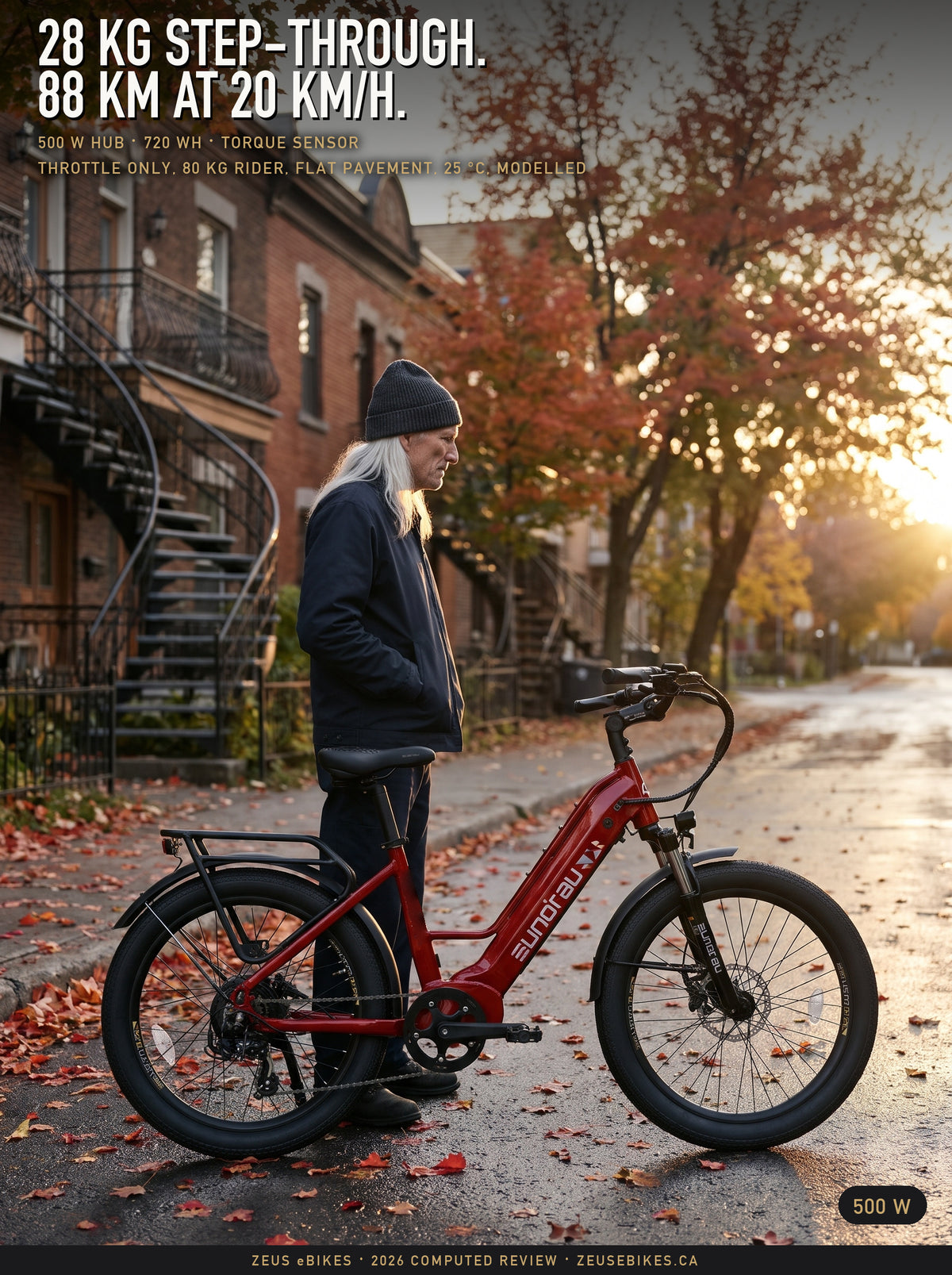 A Playcut rendering of the Eunorau Meta 24 step-through in Deep Crimson on an autumn Montréal street, Zeus behind it