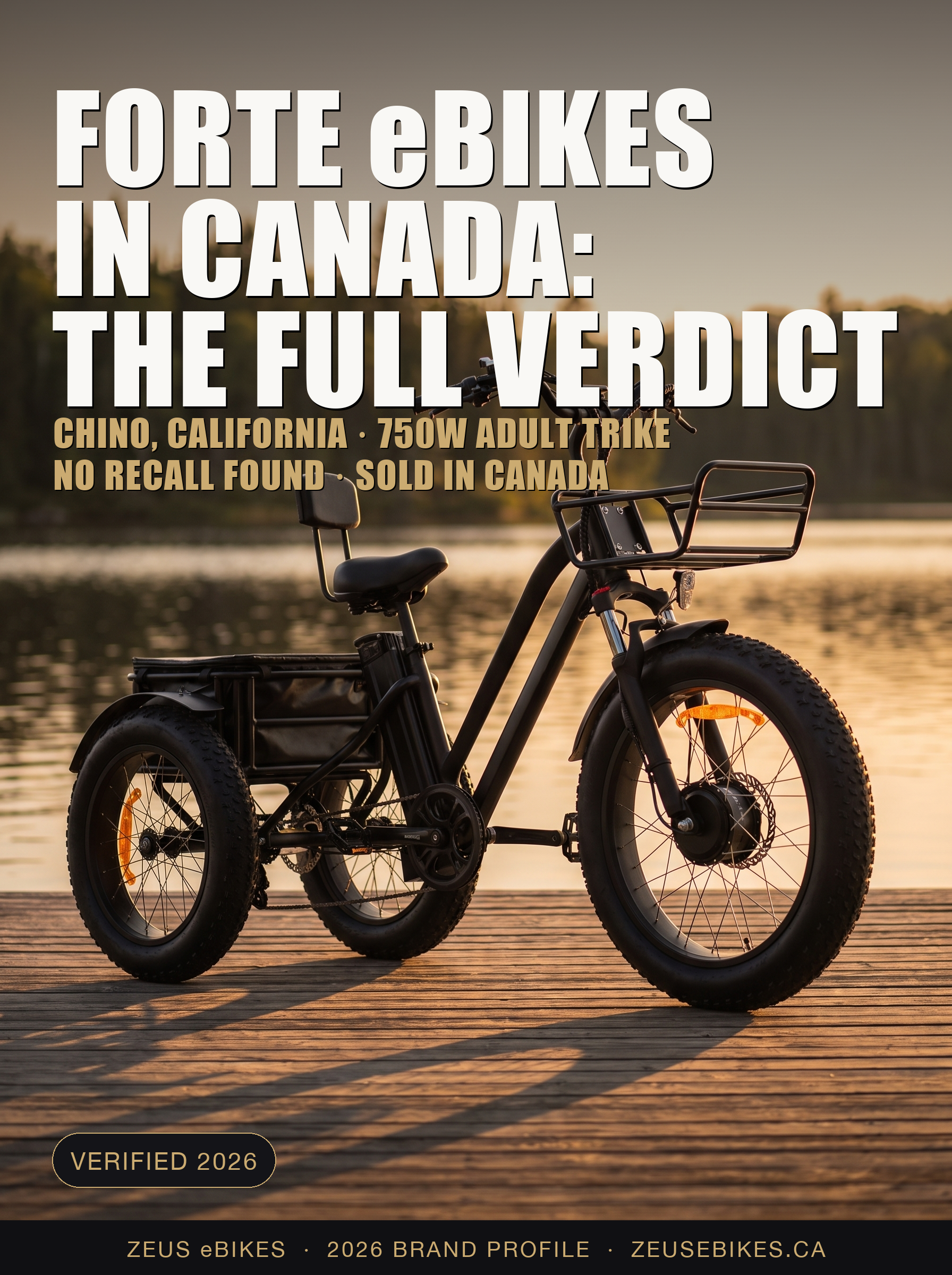 FORTE 750W fat-tire electric trike on a Canadian lakeside boardwalk — Zeus eBikes verified 2026 brand profile