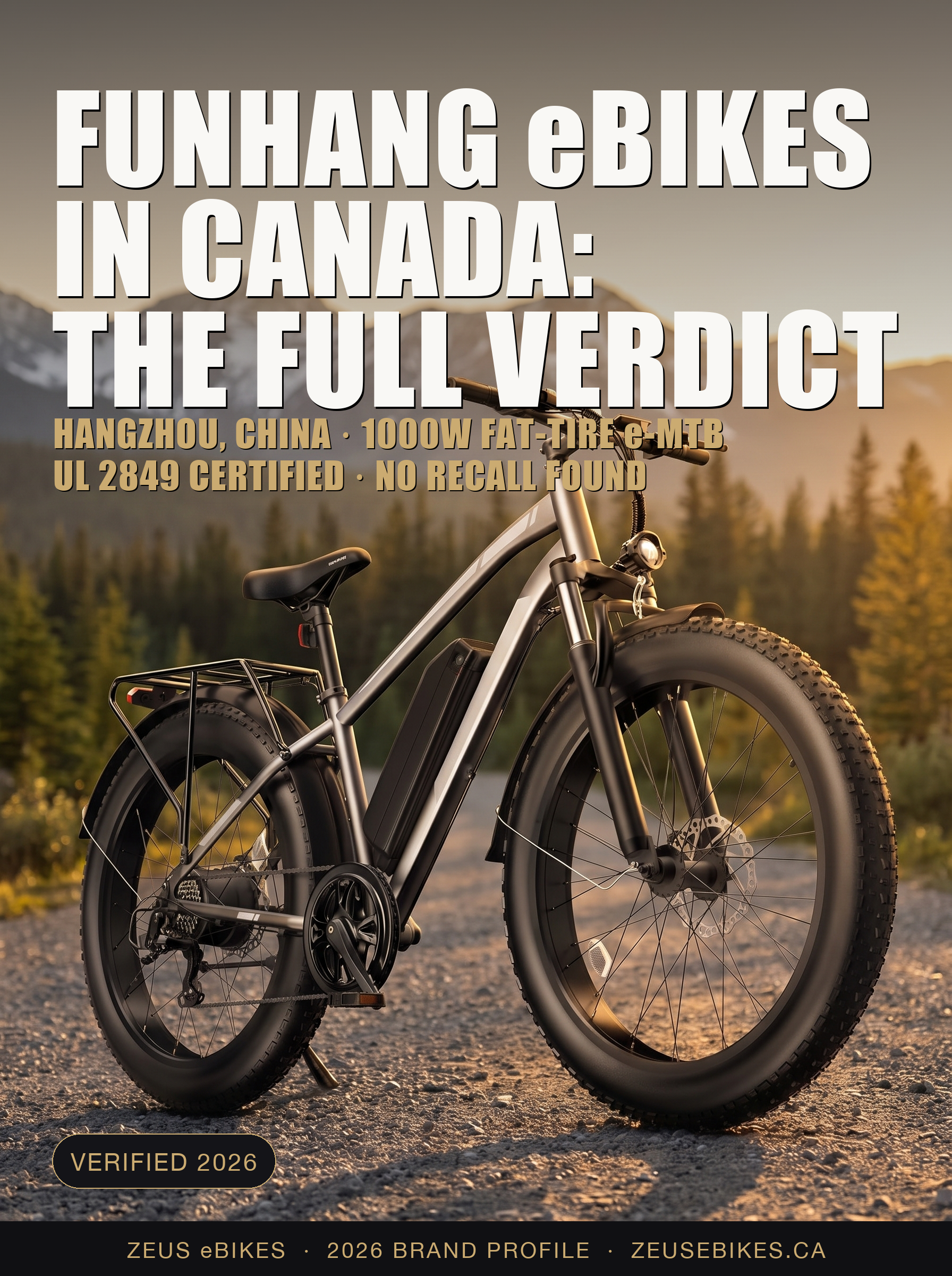 Funhang 1000W fat-tire electric mountain bike on a Canadian Rocky Mountain trail — Zeus eBikes verified 2026 brand profile