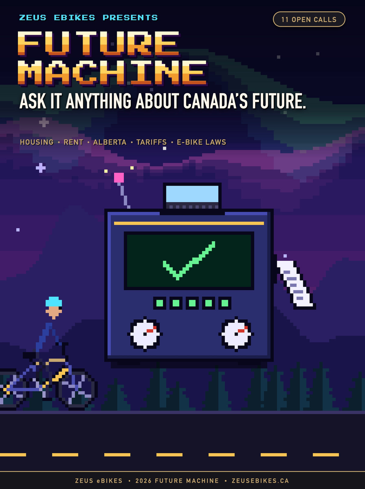 Pixel-art cover for the Zeus Future Machine: a 16-bit console printing a call under the northern lights, a rider on the road beside it
