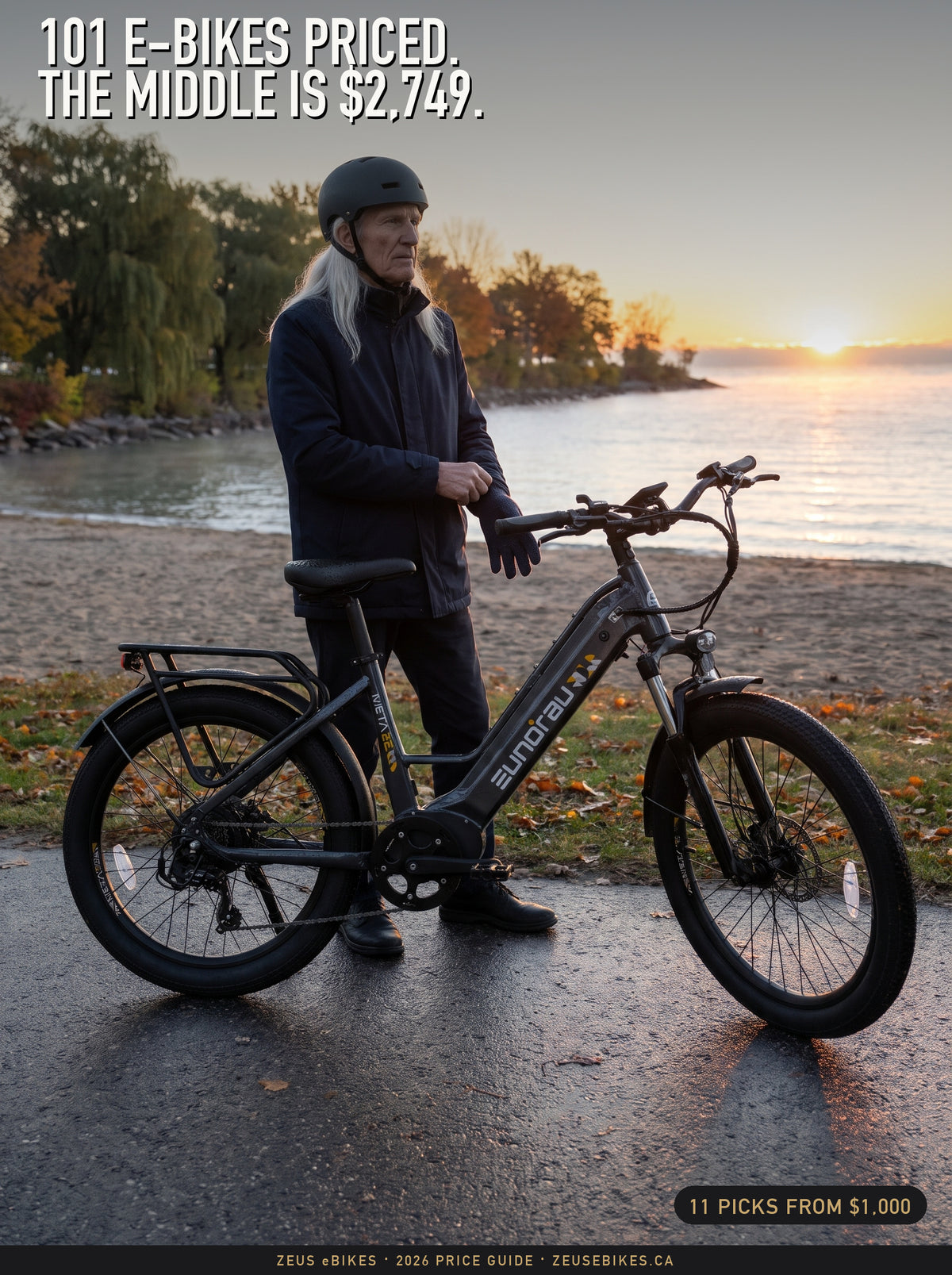 Zeus with a Eunorau Meta 26 e-bike on Toronto's waterfront trail at dawn (a Playcut rendering): 101 e-bikes priced, the middle is $2,749