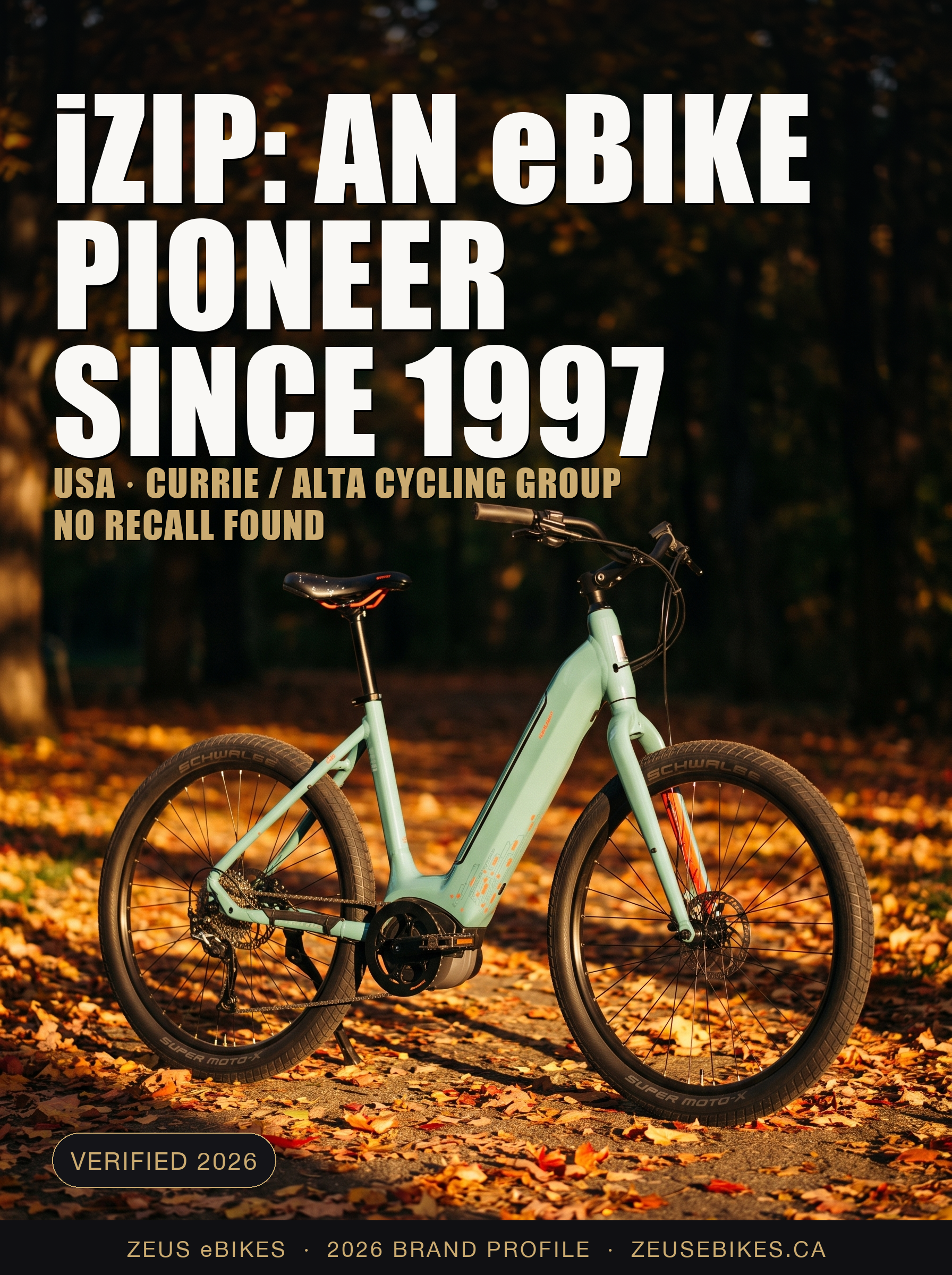 Zeus eBikes verified brand profile of iZip Canada 2026 — ownership, warranty reality, safety record, and sourced verdict