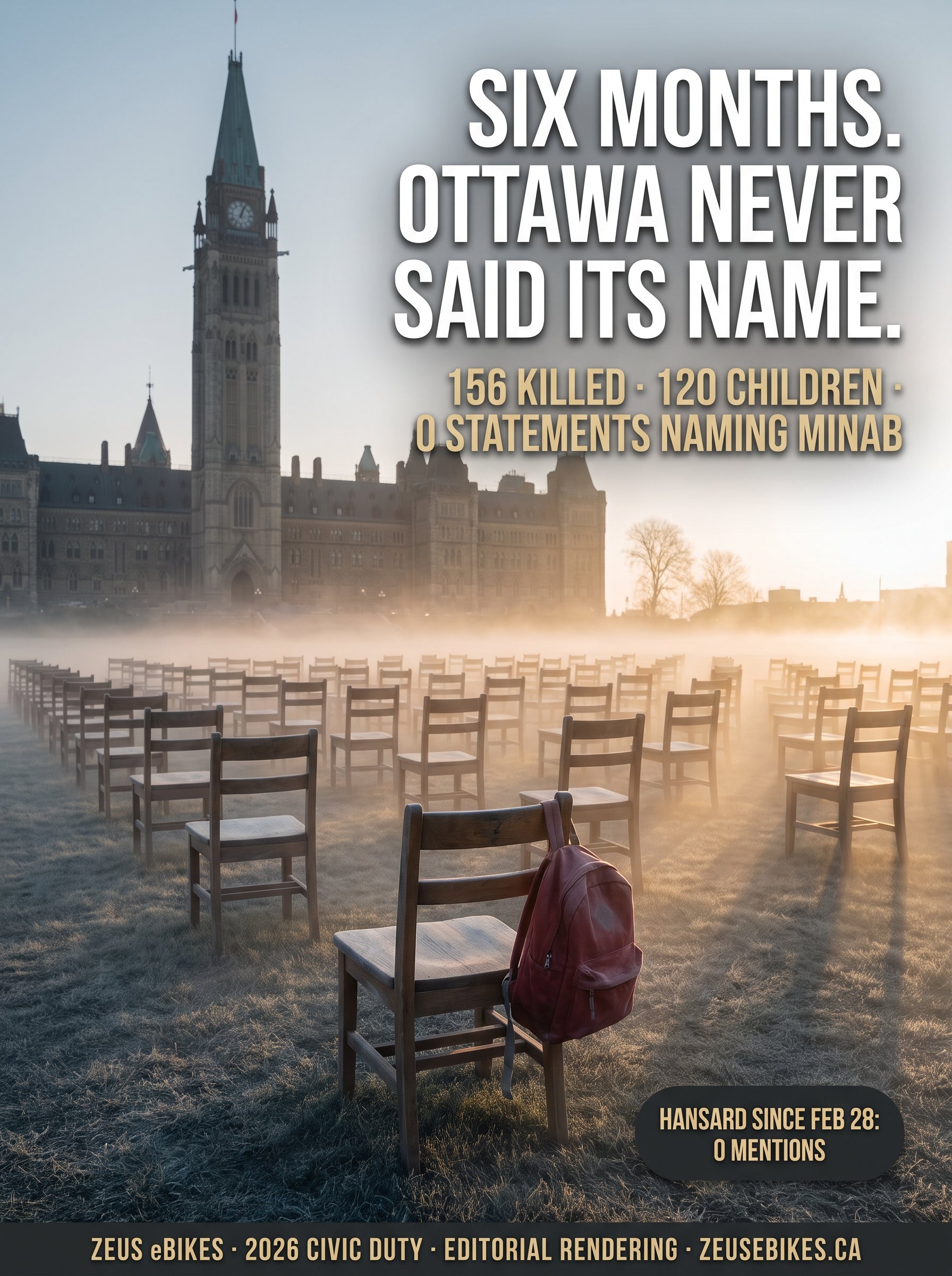 Editorial rendering: a memorial installation of 156 empty small school chairs on the frost-covered lawn of Parliament Hill at dawn, one with a red child's backpack — headline 'Six months. Ottawa never said its name.'