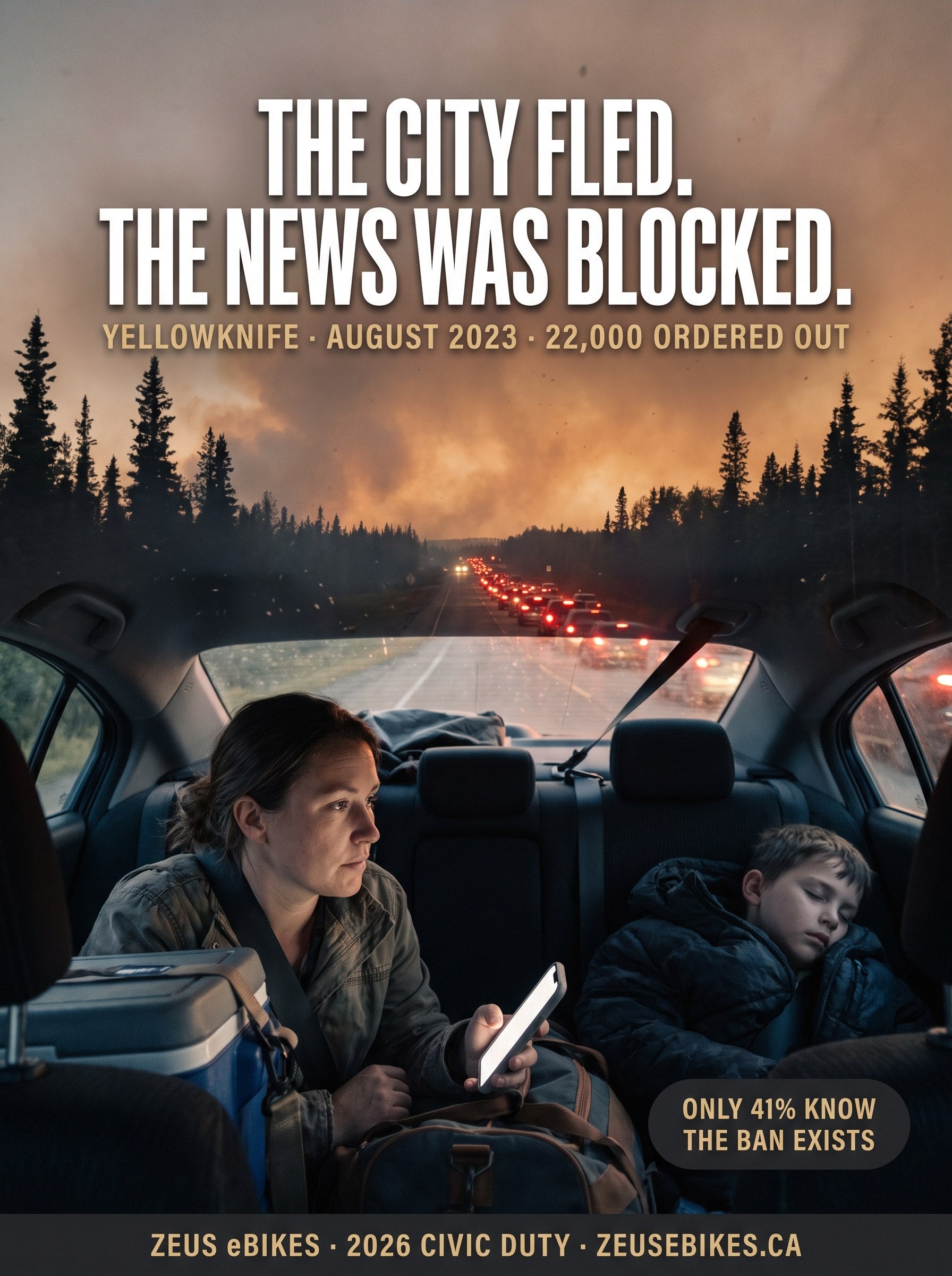 Inside a packed car in the Yellowknife evacuation convoy at dusk, a woman's face lit by her phone while a child sleeps beside her and a river of tail lights runs toward a smoke-orange sky