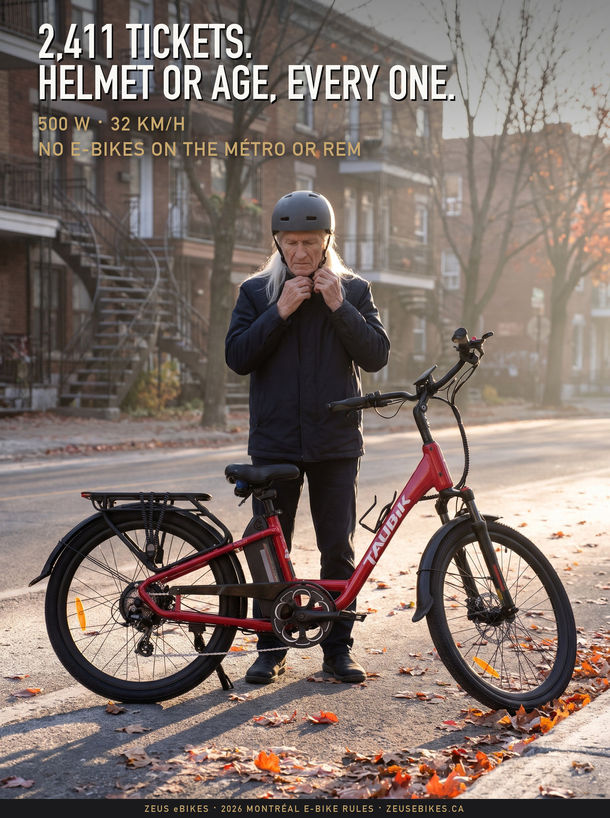 A Playcut rendering: Zeus fastens his helmet strap behind a red Taubik Vista 26 step-through e-bike on a Montréal street of brick triplexes with outdoor staircases and fallen maple leaves. Headline: 2,411 tickets. Helmet or age, every one.
