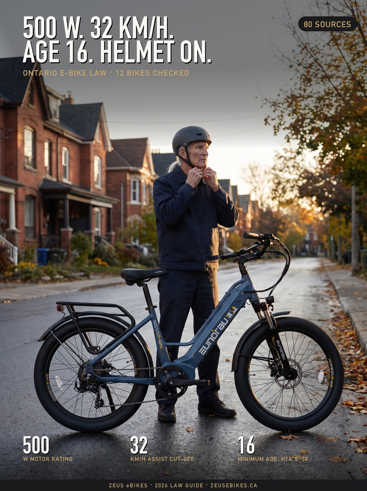 Zeus fastening his helmet behind a Eunorau Meta 275 2.0 on a red-brick Toronto street in October, a Playcut rendering, with the guide's cover type: 500 W, 32 km/h, age 16, helmet on, 12 bikes checked