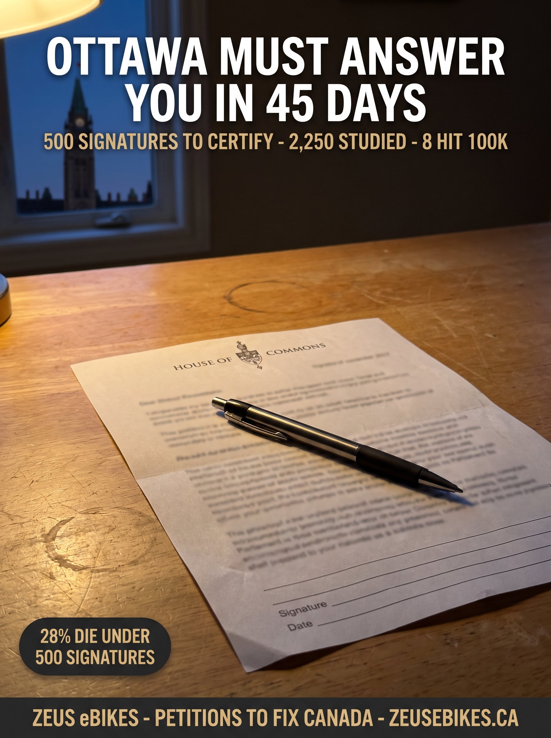 A single pen resting on a printed House of Commons petition sheet on a wooden kitchen table, Parliament's Peace Tower soft in the window behind — Ottawa must answer you in 45 days