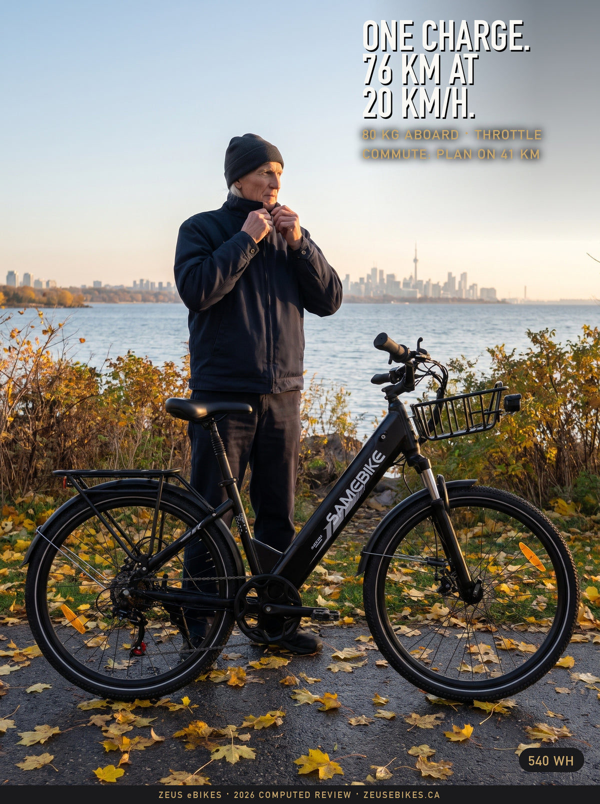 Zeus behind a black Samebike RS-A01 Pro-T on Toronto's Humber Bay lakeshore path at sunset, a Playcut rendering, under the headline One charge, 76 km at 20 km/h