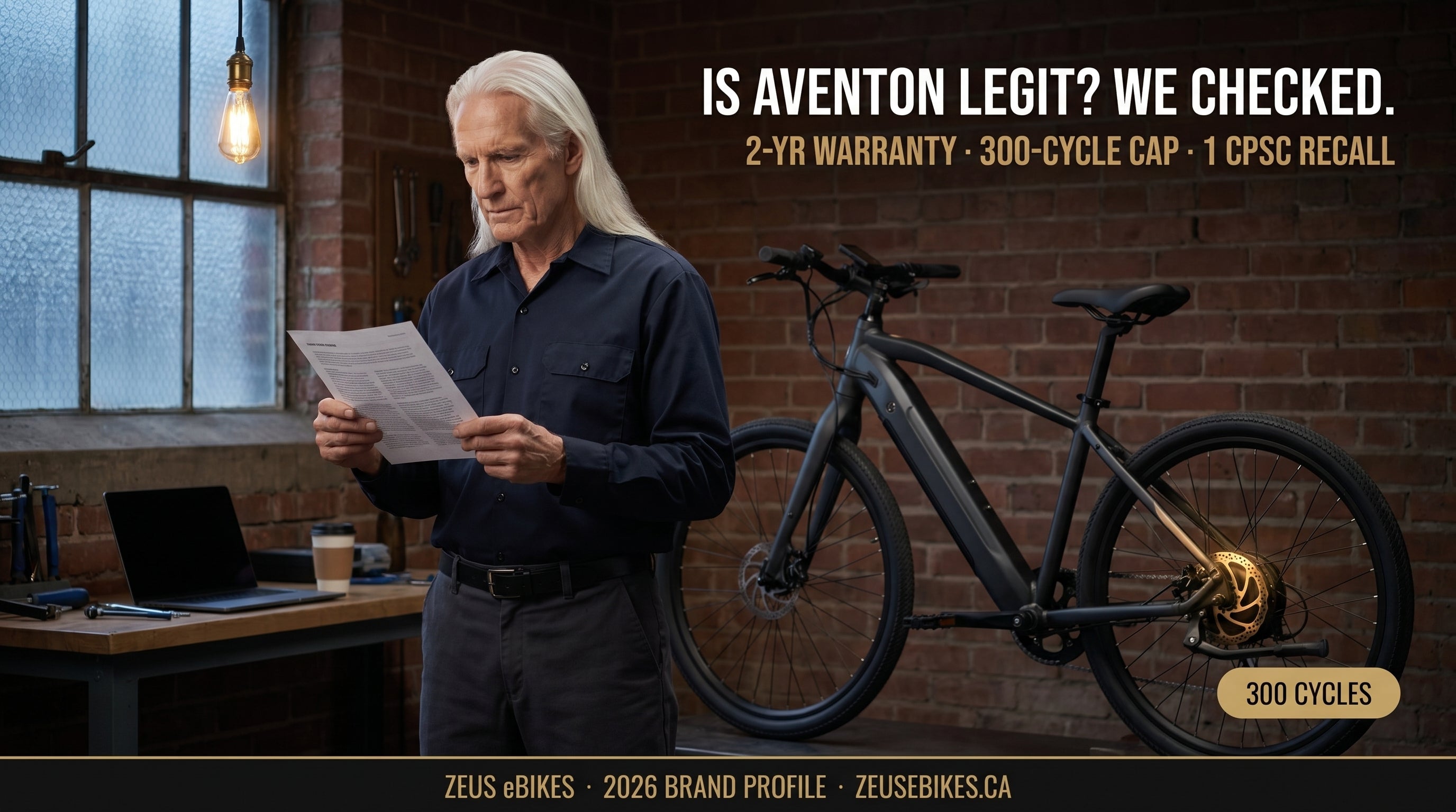 Zeus eBikes 2026 verified brand profile of Aventon Canada — CPSC recall, 300-cycle battery clause, UL 2849 certification, and honest verdict