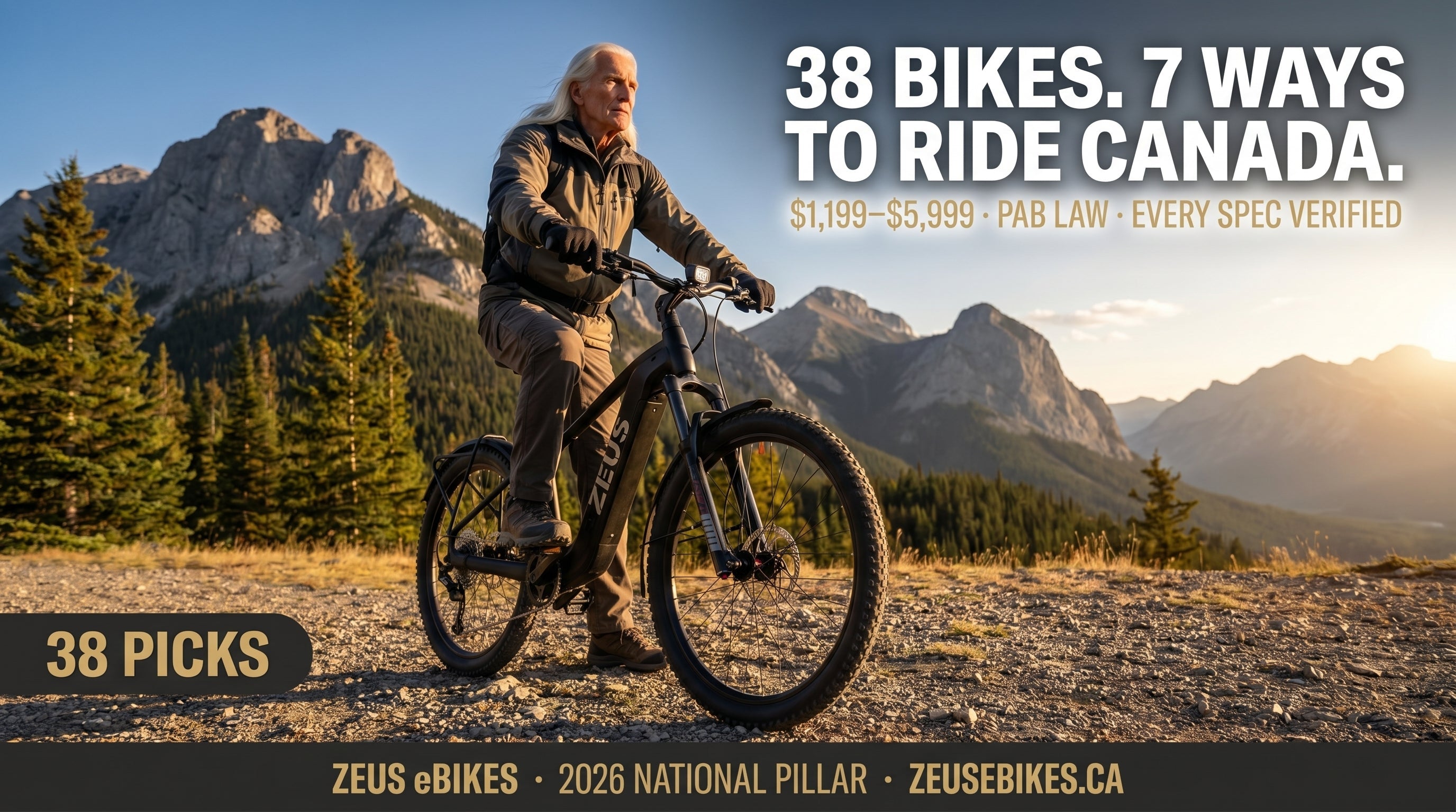 Zeus astride a charcoal Zeus electric bike on a Canadian mountain gravel ridge at golden hour — Zeus eBikes 2026 national pillar cover