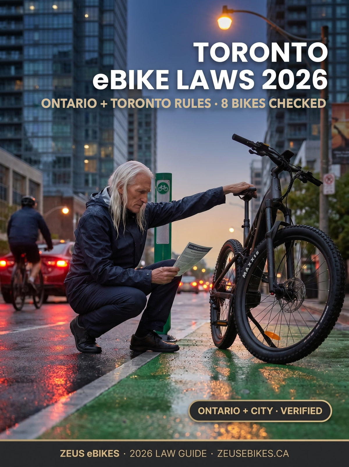 Zeus crouching beside a charcoal eBike on a rain-slicked Toronto bike lane at dusk — Toronto eBike Laws 2026 guide by Zeus eBikes Canada