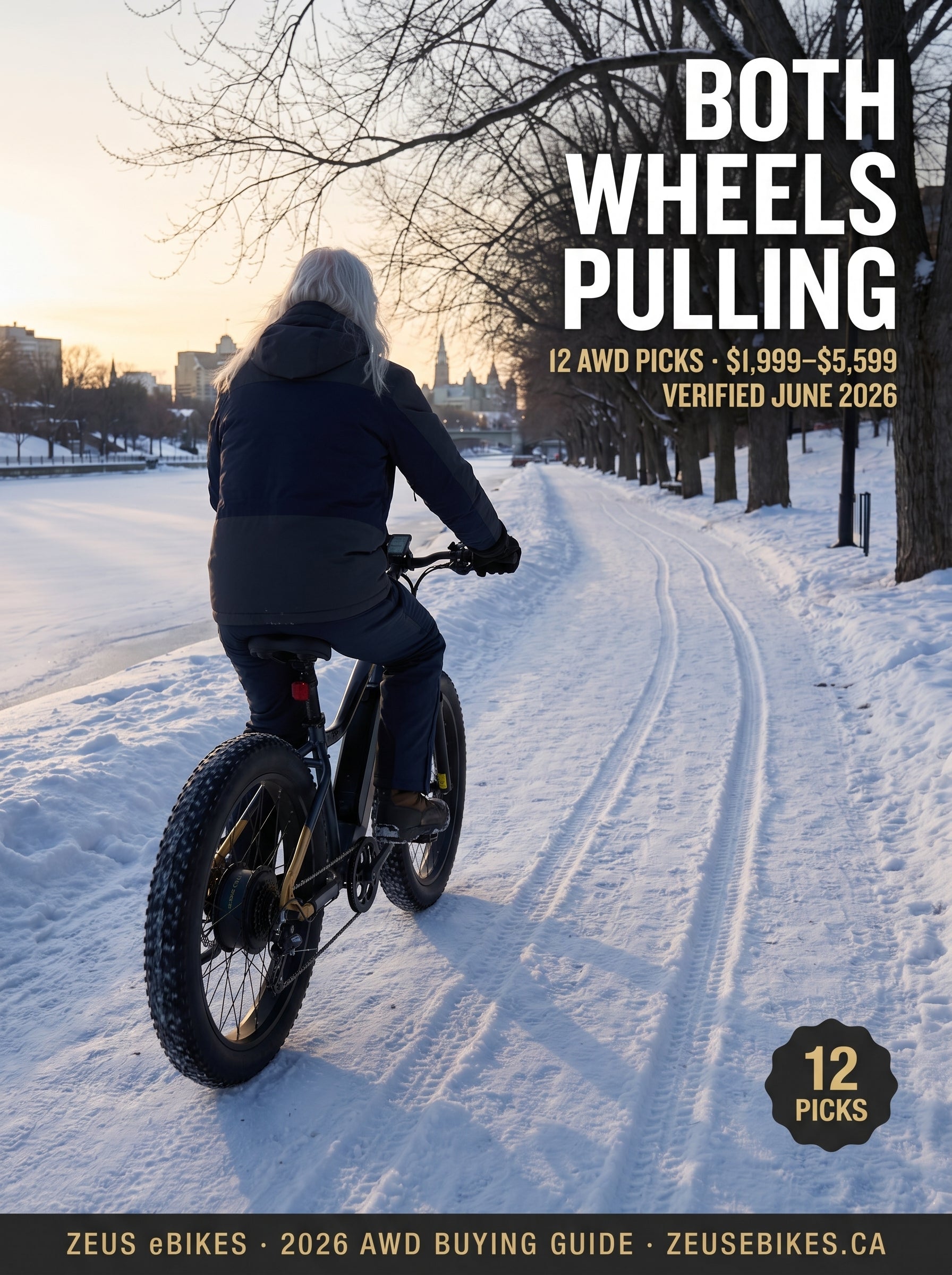 Zeus riding a fat tire AWD eBike along the Ottawa Canal in February, twin tracks pressed into fresh powder, Parliament Buildings at sunrise