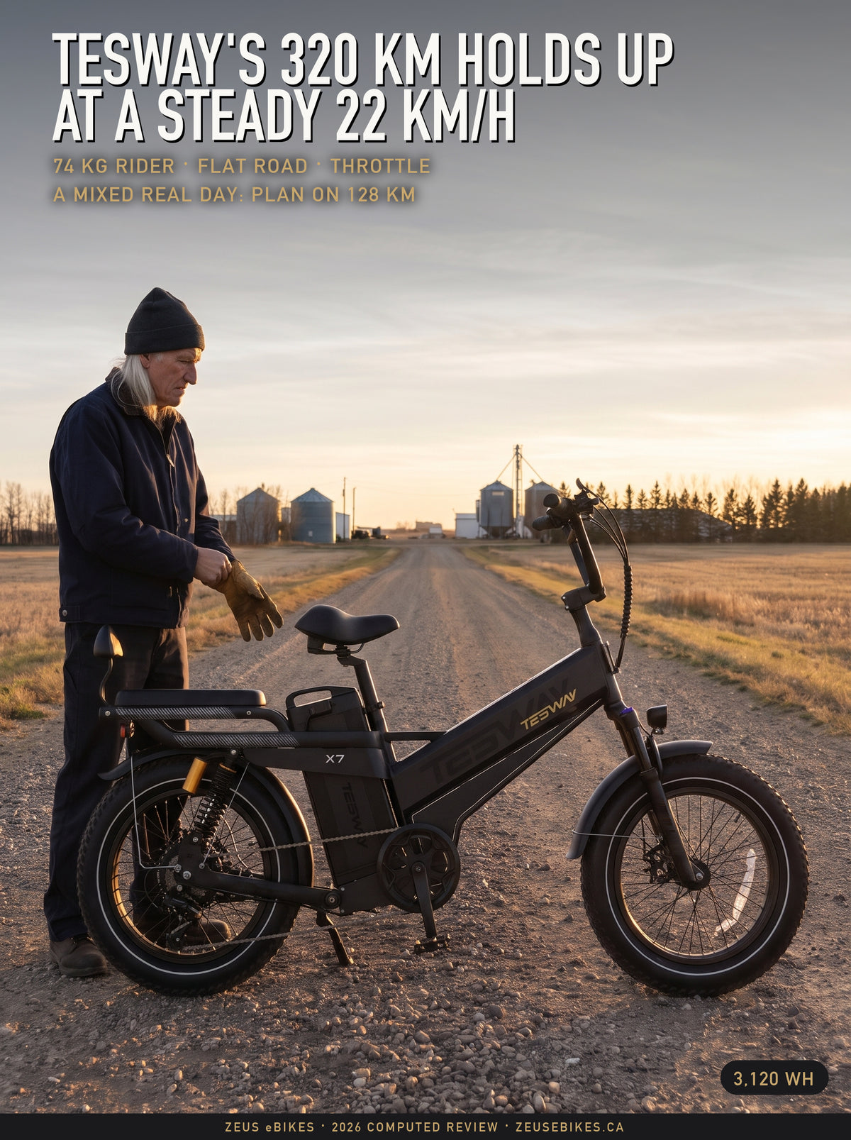 Black Tesway X7 Pro New on a Saskatchewan farm lane with Zeus behind it, a Playcut rendering, headline Tesway's 320 km holds up at a steady 22 km/h