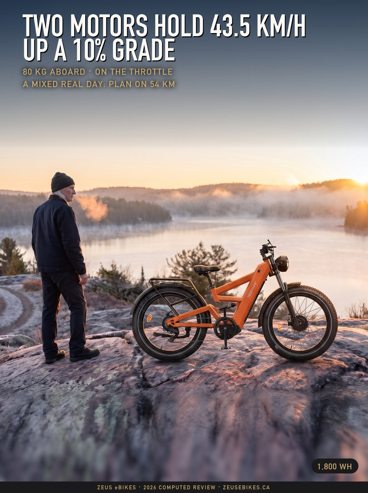 Orange Tesway X9 Ultra on a frosted granite ridge above a misty Haliburton lake with Zeus beside it, a Playcut rendering, headline Two motors hold 43.5 km/h up a 10% grade