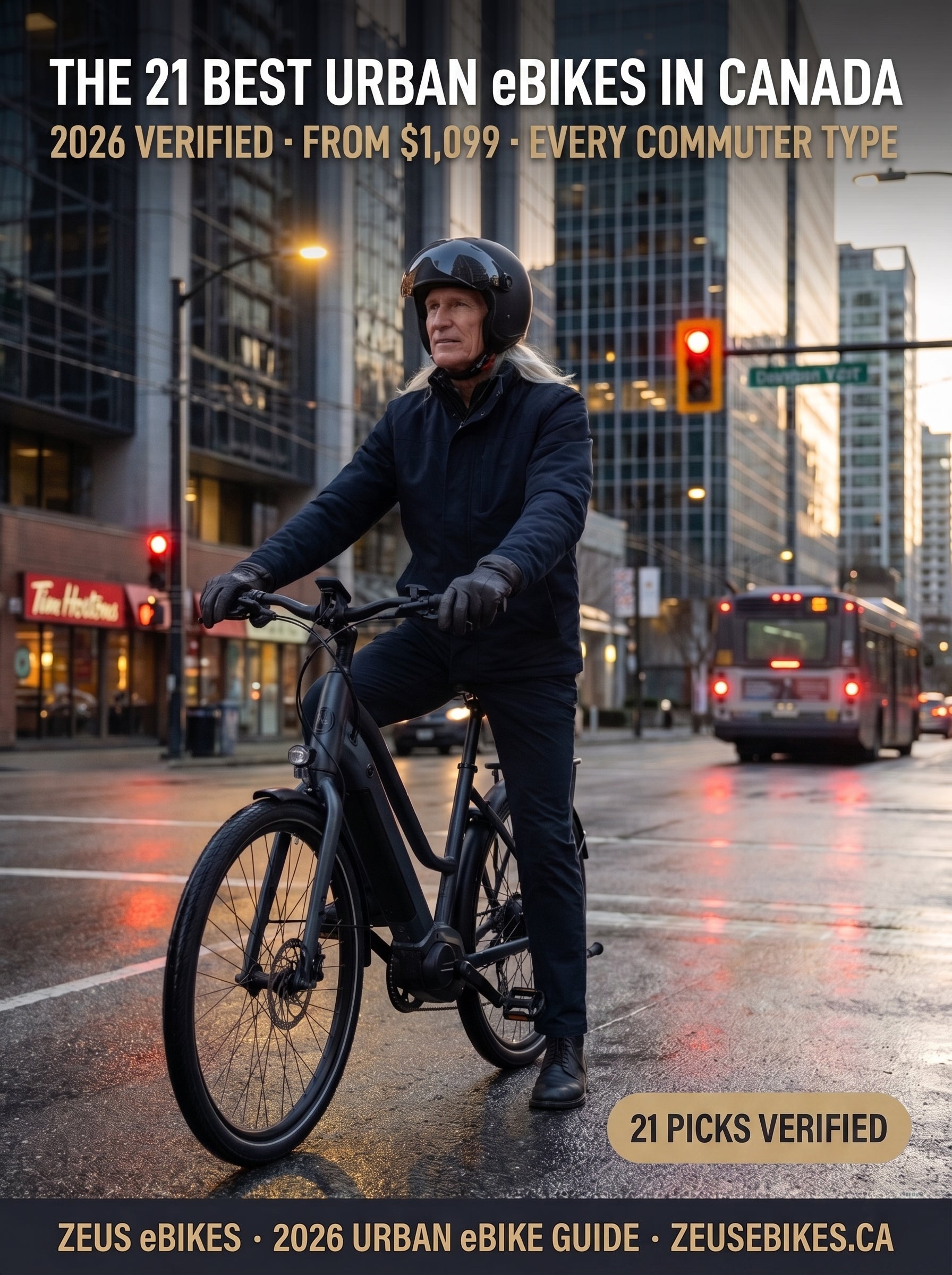 Best urban electric bikes Canada 2026 — commuter riding through a Canadian downtown at golden hour, 21 verified picks from $1,099