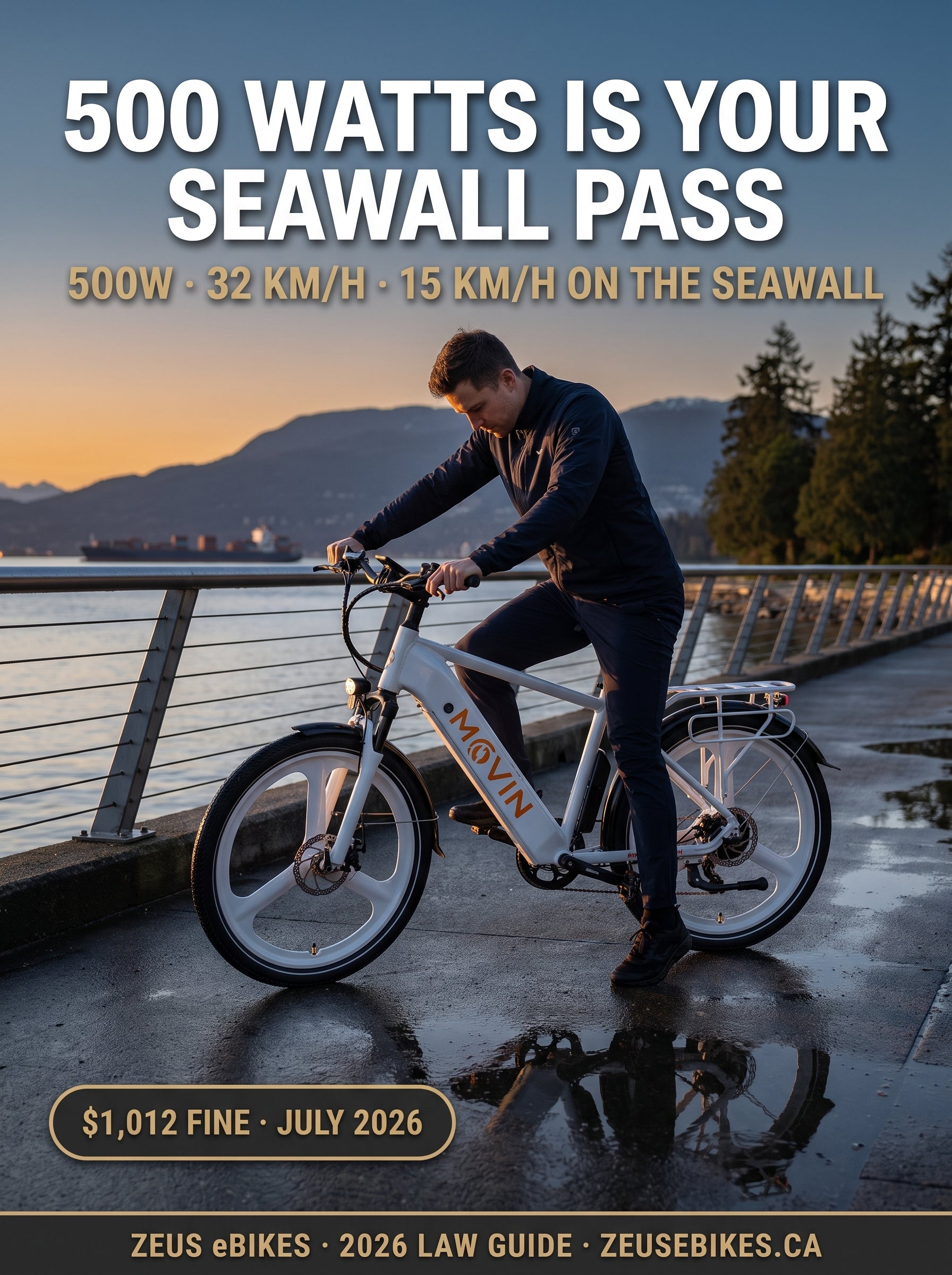 White Movin' Tempo Max e-bike stopped on the Vancouver seawall at golden hour, North Shore mountains behind — Vancouver eBike Laws 2026 guide by Zeus eBikes Canada