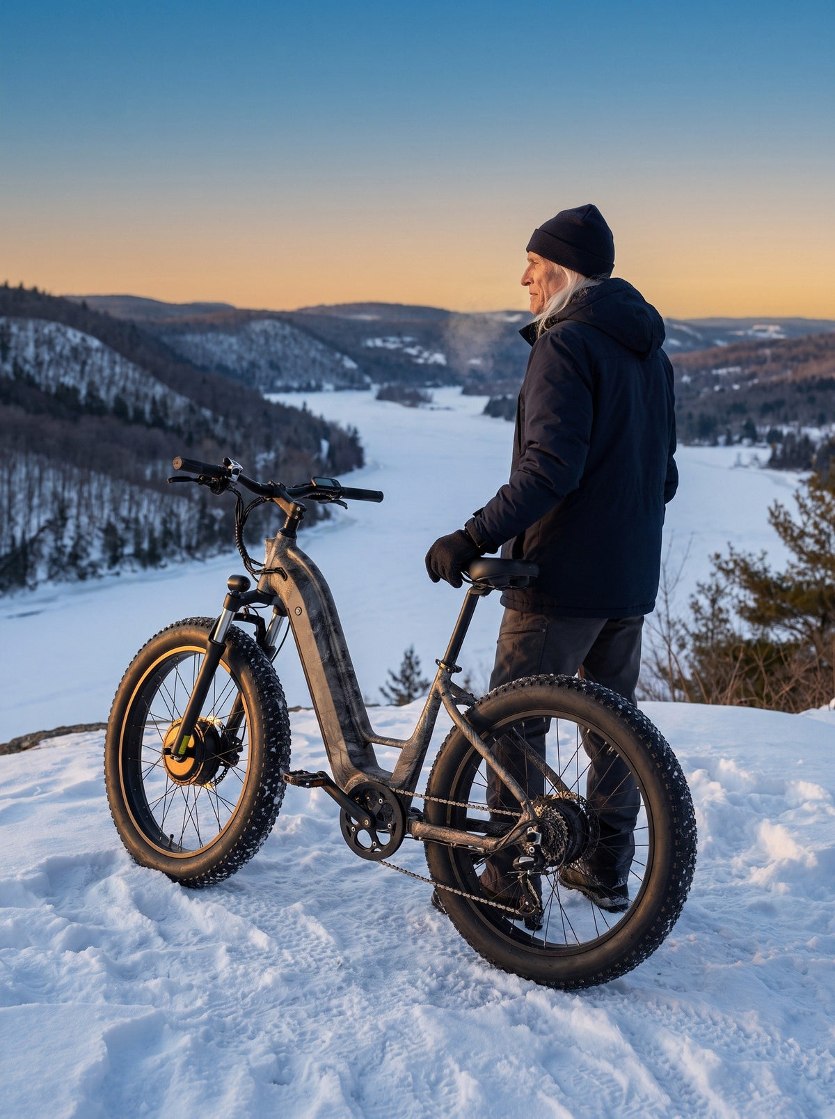 Best Electric Bikes for Winter in Canada — Zeus with a fat-tire e-bike above a frozen Gatineau Hills valley at golden hour