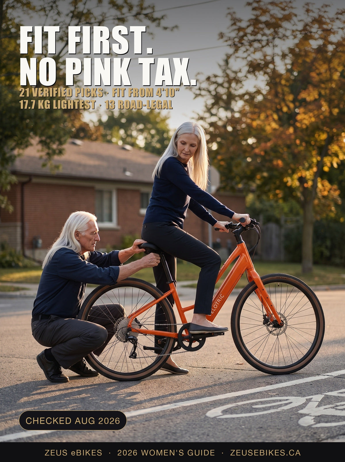 Best Electric Bikes for Women in Canada 2026 — Zeus setting the saddle height of a Velotric Tempo for a woman rider on a leafy Canadian street at sunrise