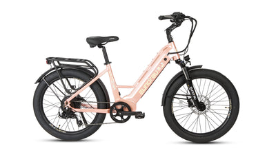 Eunorau Meta 24 step-through commuter electric bike in Pastel Pink — 500W rear hub motor, torque sensor, 48V 720Wh Samsung battery, 24x3.0 Innova tyres, hydraulic disc brakes — Zeus eBikes Canada