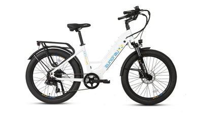 Eunorau Meta 24 step-through commuter electric bike in Alpine White — 500W rear hub motor, torque sensor, 48V 720Wh Samsung battery, 24x3.0 Innova tyres, hydraulic disc brakes — Zeus eBikes Canada