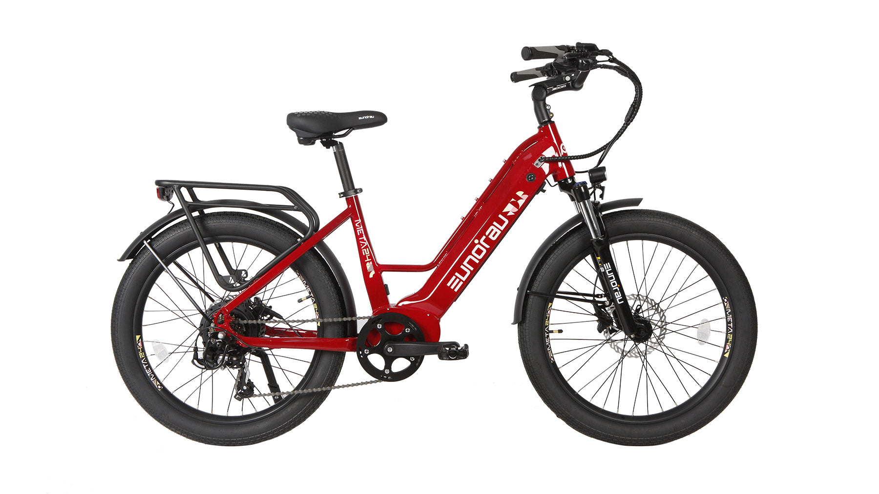 Eunorau Meta 24 step-through commuter electric bike in Deep Crimson — 500W rear hub motor, torque sensor, 48V 720Wh Samsung battery, 24x3.0 Innova tyres, hydraulic disc brakes — Zeus eBikes Canada