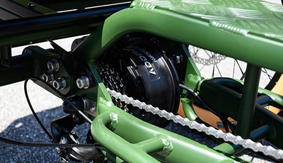 Close-up of the Greattan L rear-mounted hub motor and chain on an Army Green frame (image: Addmotor)