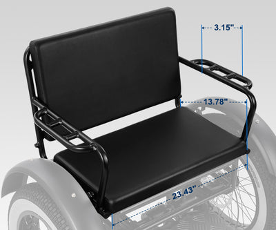 Greattan L rear passenger seat with backrest and armrests, marked 23.43 by 13.78 inches (image: Addmotor)