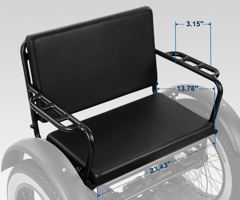 Greattan L rear passenger seat with backrest and armrests, marked 23.43 by 13.78 inches (image: Addmotor)