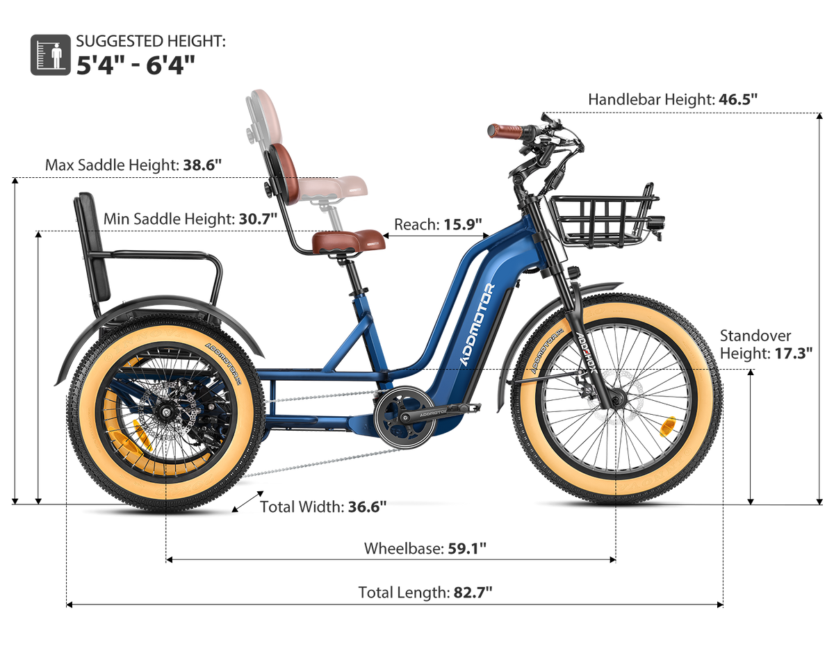 Addmotor Greattan L dimensions chart: suggested rider height 5 ft 4 in to 6 ft 4 in, handlebar height 46.5 in, saddle height 30.7 to 38.6 in, reach 15.9 in, standover 17.3 in, width 36.6 in, wheelbase 59.1 in, length 82.7 in