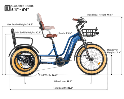 Addmotor Greattan L dimensions chart: suggested rider height 5 ft 4 in to 6 ft 4 in, handlebar height 46.5 in, saddle height 30.7 to 38.6 in, reach 15.9 in, standover 17.3 in, width 36.6 in, wheelbase 59.1 in, length 82.7 in