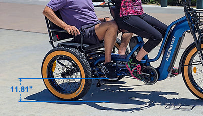 Rider and passenger on a Neptune Blue Greattan L, with Addmotor's 11.81-inch low-seat marking (image: Addmotor)
