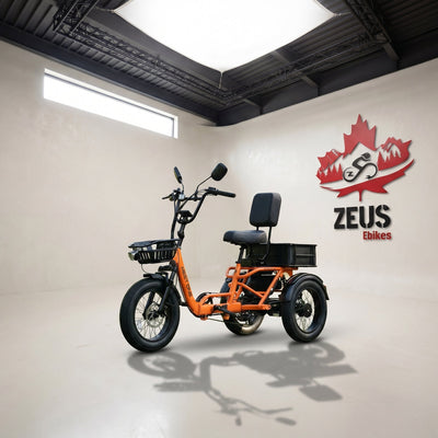 Meet One Breeze Pro 2.0 electric trike in orange - front three-quarter view with mirrors, front basket and rear cargo deck - Zeus eBikes Canada