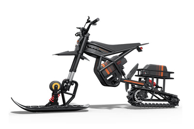 Riding Times electric motorbike fully converted with the snow track kit, studio view — Zeus eBikes Canada