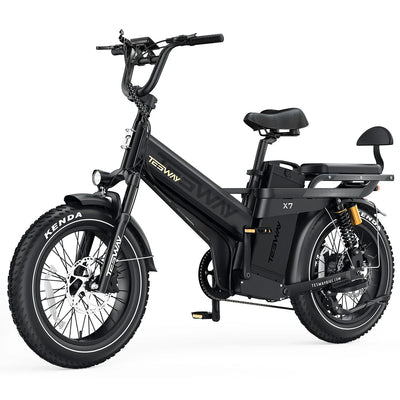 Tesway X7 Pro New in Black, front three-quarter view: 20x4.0 Kenda fat tires, suspension fork, rear spring shocks and the rear seat with backrest — Zeus eBikes Canada