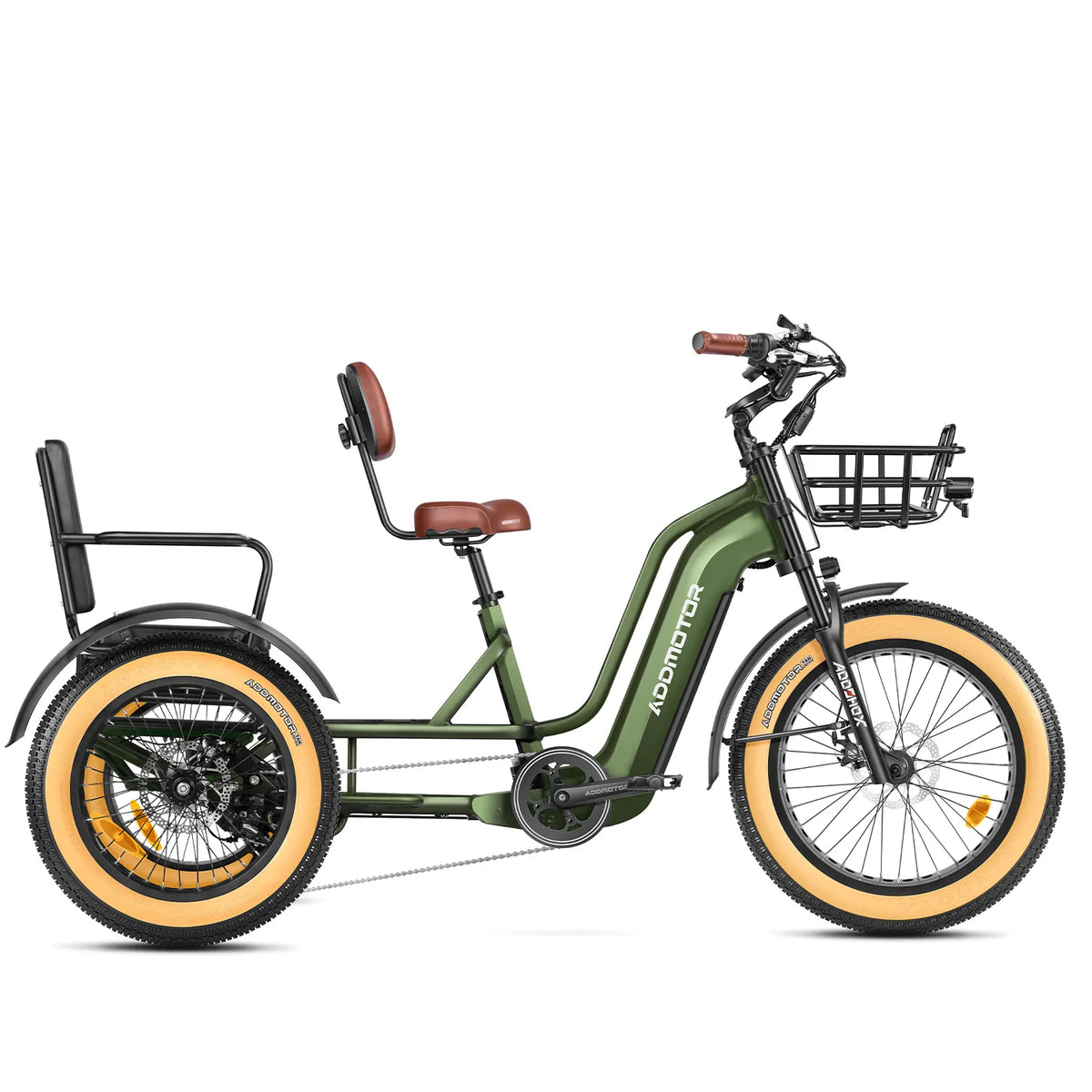 Addmotor Greattan L passenger electric trike in Army Green, side view with front basket and rear passenger seat (image: Addmotor)