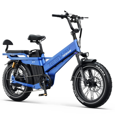 Tesway X7 Pro New in Blue, drive side: 7-speed drivetrain and rear spring shocks — Zeus eBikes Canada
