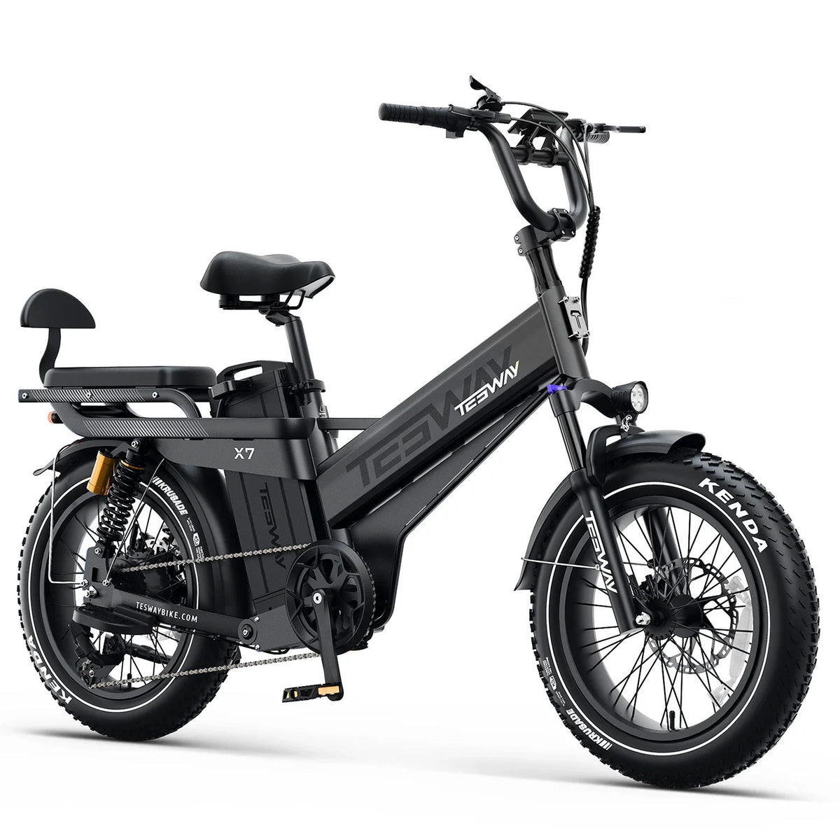 Tesway X7 Pro New in Black, drive side: Shimano 7-speed, 52T chainring with guard and rear hub motor — Zeus eBikes Canada