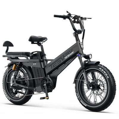 Tesway X7 Pro New in Black, drive side: Shimano 7-speed, 52T chainring with guard and rear hub motor — Zeus eBikes Canada
