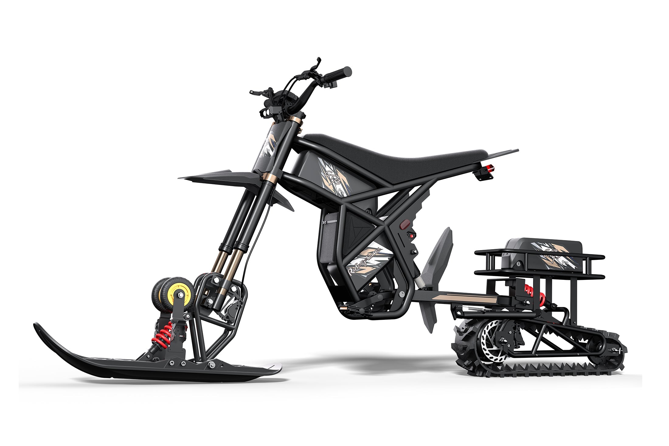 Riding Times snow track kit fitted to a GT-series electric motorbike, front three-quarter view — Zeus eBikes Canada