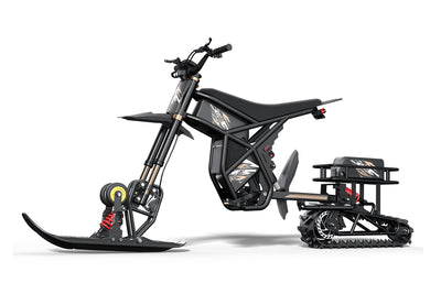 Riding Times snow track kit fitted to a GT-series electric motorbike, front three-quarter view — Zeus eBikes Canada